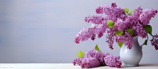 Poster - A huge bouquet of lilacs in a large vase isolated on a light gray background Still life with flowers plenty of space for text. copy space available