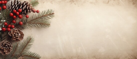Poster - Christmas branches cones decorations on parchment paper Holiday Christmas background Copy space for text or design
