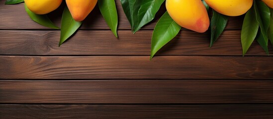 Poster - Flat lay composition with mango on wooden background Space for text. copy space available