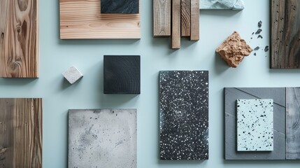 Wall Mural - A mood board showcases a color scheme featuring wood grey and black tones against a pale blue background