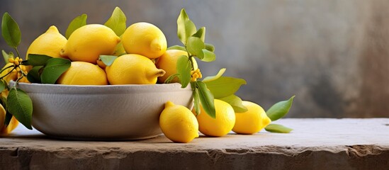 Poster - Organic lemons in a bowl on stone background with copy space