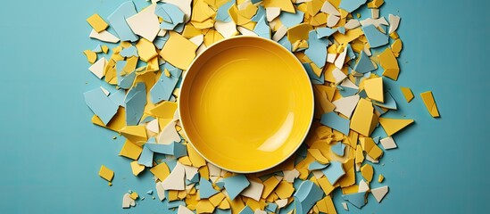 Poster - Pieces of broken light blue ceramic plate on yellow background top view Space for text. copy space available