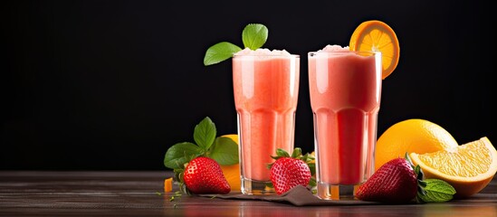 Wall Mural - Fresh strawberry and orange smoothies a refreshing and delicious drink perfect for any occasion. copy space available