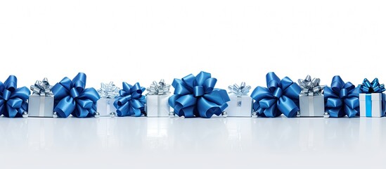 Poster - Blue Christmas Gift Bows arranged to form a border on white background for copy space