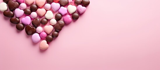 Sticker - top view heart of Colorful chocolate coated candy on pink background with valentines Valentines day concept festive food gifts. copy space available