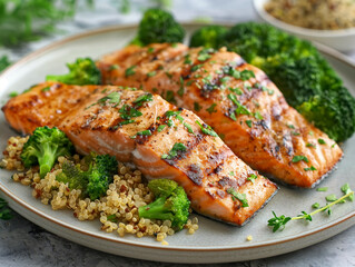 Wall Mural - A plate of grilled salmon and broccoli with quinoa. The salmon is cooked and seasoned, and the broccoli is fresh and green. The plate is set on a table, and the food looks delicious and healthy