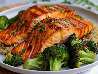 Wall Mural - A plate of salmon and broccoli with a side of quinoa. The salmon is grilled and seasoned with herbs, while the broccoli is steamed and seasoned with salt and pepper. The dish looks healthy