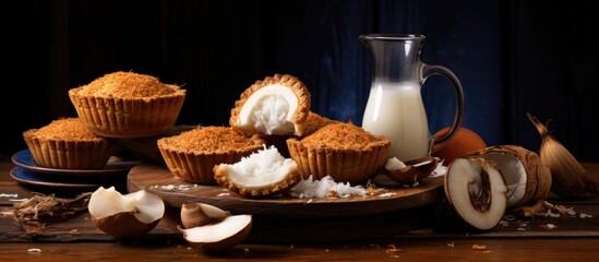 Poster - Coconut pie and Mini coconut pies on wooden board. copy space available