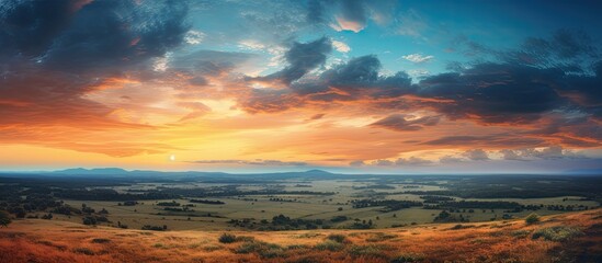 Poster - Natural Sunrise Over Field Or Meadow Bright Dramatic Sky And Dark Ground Countryside Landscape Under Scenic Colorful Sky At Sunset Dawn Sunrise Sun Over Skyline Horizon Warm Colours