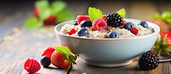 Poster - A fresh and healthy meal of oatmeal porridge with chia seeds and berries is displayed on a table creating a vibrant and appetizing food background with copy space image