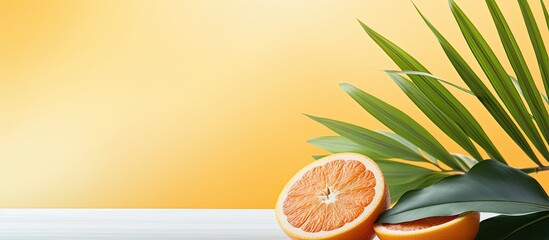 Poster - Palm leaf with grapefruit and orange Tropical banner with fruits and a place for an inscription. copy space available