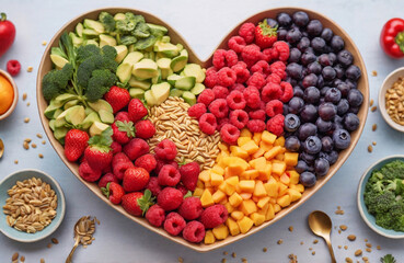 Wall Mural - A vibrant photo showcasing a heartshaped bowl filled with nutritious diet foods, including fresh fruits, vegetables, and whole grains, promoting heart health and cardiovascular wellness