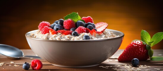 Poster - A fresh and healthy meal of oatmeal porridge with chia seeds and berries is displayed on a table creating a vibrant and appetizing food background with copy space image
