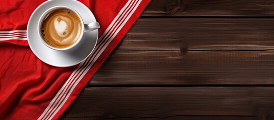 Aufkleber - White cup of coffee on wooden background and copy space with red handkerchief
