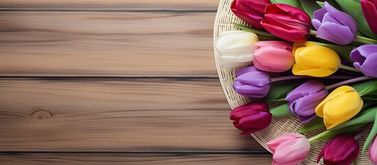Aufkleber - Bouquet white and purple roses Pink red yelow tulips and hat on wooden background Top view. copy space available