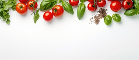 Poster - cherry tomatoes and basil tomatoes on a branch red cherry tomatoes with ingredients for cooking salt peppers and green herb on the white background with copy space top view