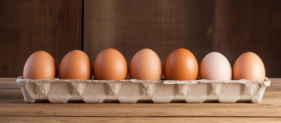 Poster - Egg Close up view of raw chicken run many eggs in egg box on old wooden background. copy space available