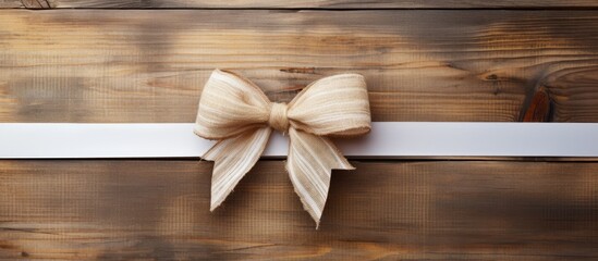 Fototapete - A festive white bow adorns a copy space image of a rustic wooden background