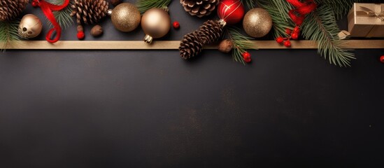 Aufkleber - Christmas background with gifts fir branches cones and red baubles New Year frame with a copy space Top view flat lay