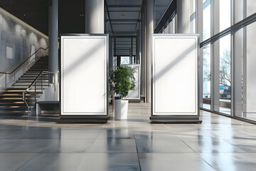 Canvas Print - Two blank advertising displays in a modern interior, realistic style, against a glass facade, concept of promo space. 3D Rendering