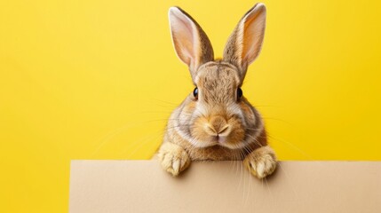 Wall Mural - easter bunny holding a blank poster, yellow background, copy and text space, 16:9