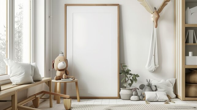 mock up poster frame in children bedroom, Scandinavian style, minimalist style, copy and text space, 16:9