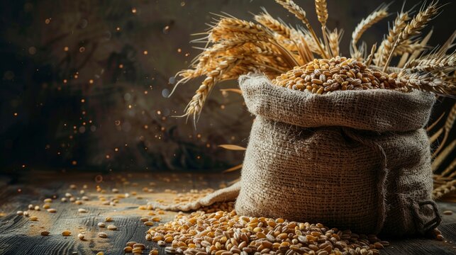 Wheat grains with wheat ear closeup view