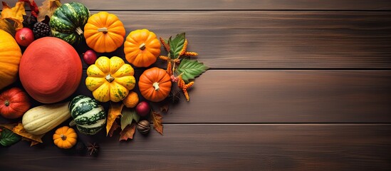 Poster - Happy thanksgiving concept Still life composition with pumpkin and oher fruits and vegetble small decoration with funny font text white text Wood textured table background Top view close up