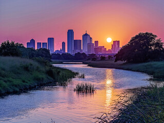 Wall Mural - A city skyline is reflected in the water of a river. The sun is setting, casting a warm glow over the scene