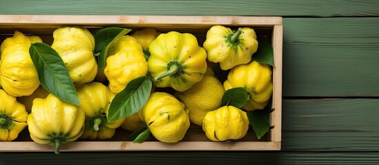 Poster - Fresh ripe pattypan squashes in wooden crate on light grey table top view Space for text. copy space available