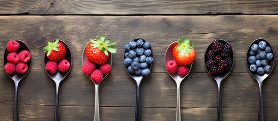 Poster - A top down view of various berries blueberries raspberries and strawberries is showcased on an old wooden background specifically a vintage spoon This image presents a copy space for incorporating te