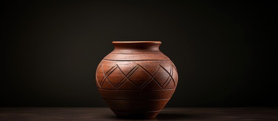 Poster - The brown earthenware jar isolated on black background closeup retro handicraft in natural light concept for background with copy space