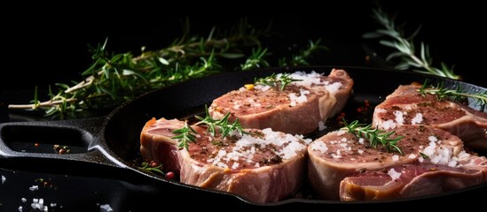 Poster - Raw Pork chops on flying pan ready to cook with herb salt pepper with wooden flipper on dark background. copy space available