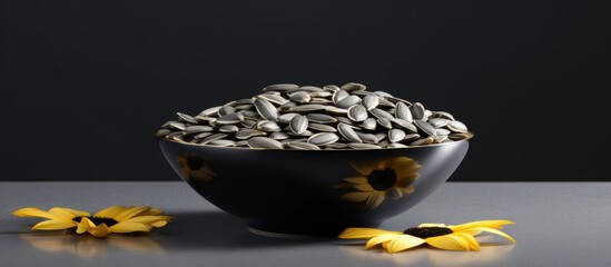 Poster - sunflower seeds lie in a round bowl on a gray background copy space