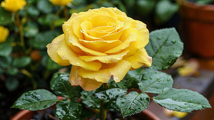 Wall Mural - A yellow rose with dew drops on it