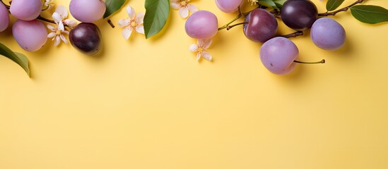 Poster - Frame made of sweet yellow cherries on lilac background. copy space available