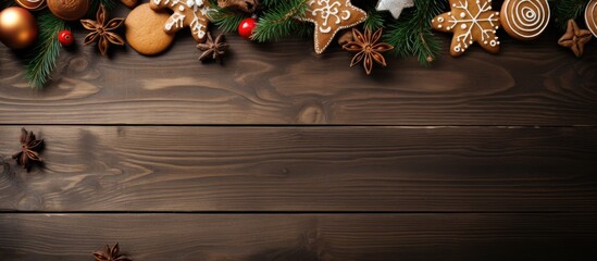 Aufkleber - Bright Christmas or New Year wooden background with fir branches Christmas decorations Christmas gingerbread cookies Christmas sweets Copy space View from above