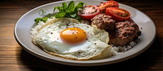 Poster - Fried egg meat chicken roll rice and tomatoes Paleo breakfast. copy space available