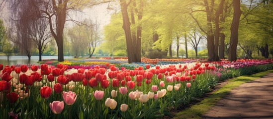 Poster - Field of Red Tulips Flower Garden Red Flowers in a Park Floral Background with Copy Space