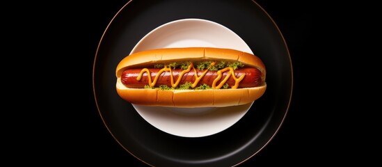 Poster - Top View with appetizing of the hotdog placed in white dish beautifully fork and knife on floor copy space