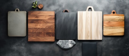 Poster - Aged wood cutting board set top view flat lay with copy space for text or your product on gray stone table background