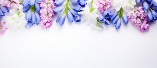 Poster - Spring decoration Frame of flowers white snowdrops blue scilla violet pink hollowroot on a white background with space for text Top view flat lay. copy space available