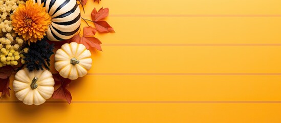 Poster - Autumn flat lay Stylish striped pumpkin autumn flowers leaves berry on yellow background Modern minimal fall composition with space for text Happy Thanksgiving and Halloween card