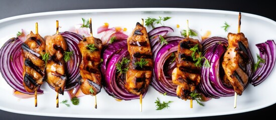 Aufkleber - Grilled chicken kebab with red onions on a light table Grilled meat skewers shish kebab on light background. copy space available