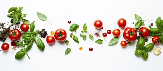 Poster - cherry tomatoes and basil tomatoes on a branch red cherry tomatoes with ingredients for cooking salt peppers and green herb on the white background with copy space top view