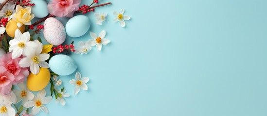 Aufkleber - Colorful Easter eggs and spring flowers on light blue background flat lay Space for text. copy space available