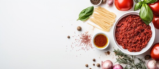 Aufkleber - Ingredients for making spaghetti bolognese minced meat italian pasta onions and tomato sauce over white texture background Top view flat lay Copy space