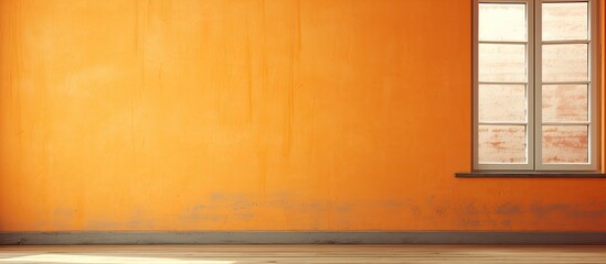 Aufkleber - Grunge wood window on bright orange concrete wall with perspective wood floor. copy space available