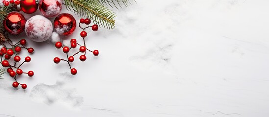 Aufkleber - Christmas flatlay background with fir tree brunch and red decorations on white stone background Long banner format with empty space for your design. copy space available