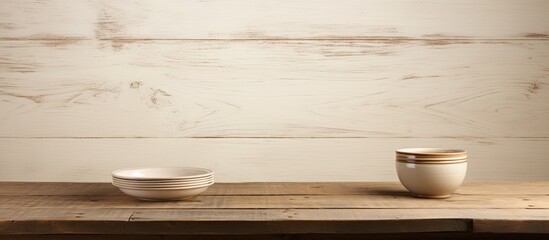 Poster - Empty plates with a copy space for food on a white aged wooden kicthen table background